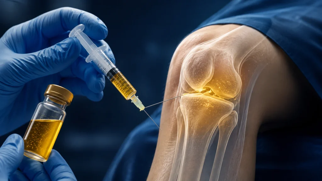 Imagem atual: PRP no joelho com aplicação de plasma rico em plaquetas na articulação